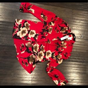 Cranberry red floral blouse with cream and sienna